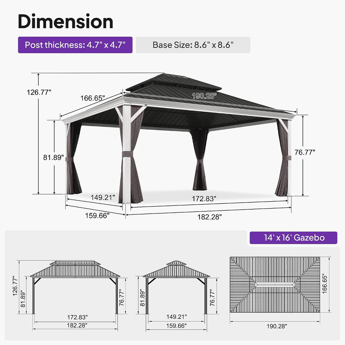 PURPLE LEAF 14' X 16' Hardtop Gazebo with Double Galvanized Steel Roof Awning and Upgrade Curtain for Patio Lawn and Garden, Grey