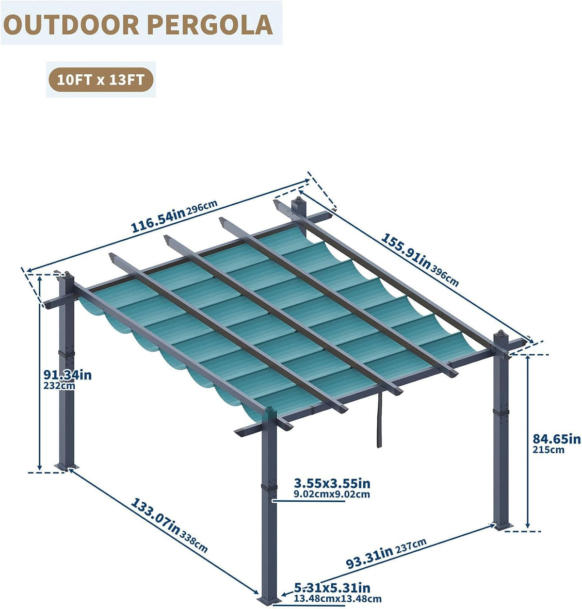 KYBOLT 10x13 Ft Aluminum Pergola with Retractable Canopy Metal Gazebo for Garden Backyard Deck Porch Grape Trellis(Blue)