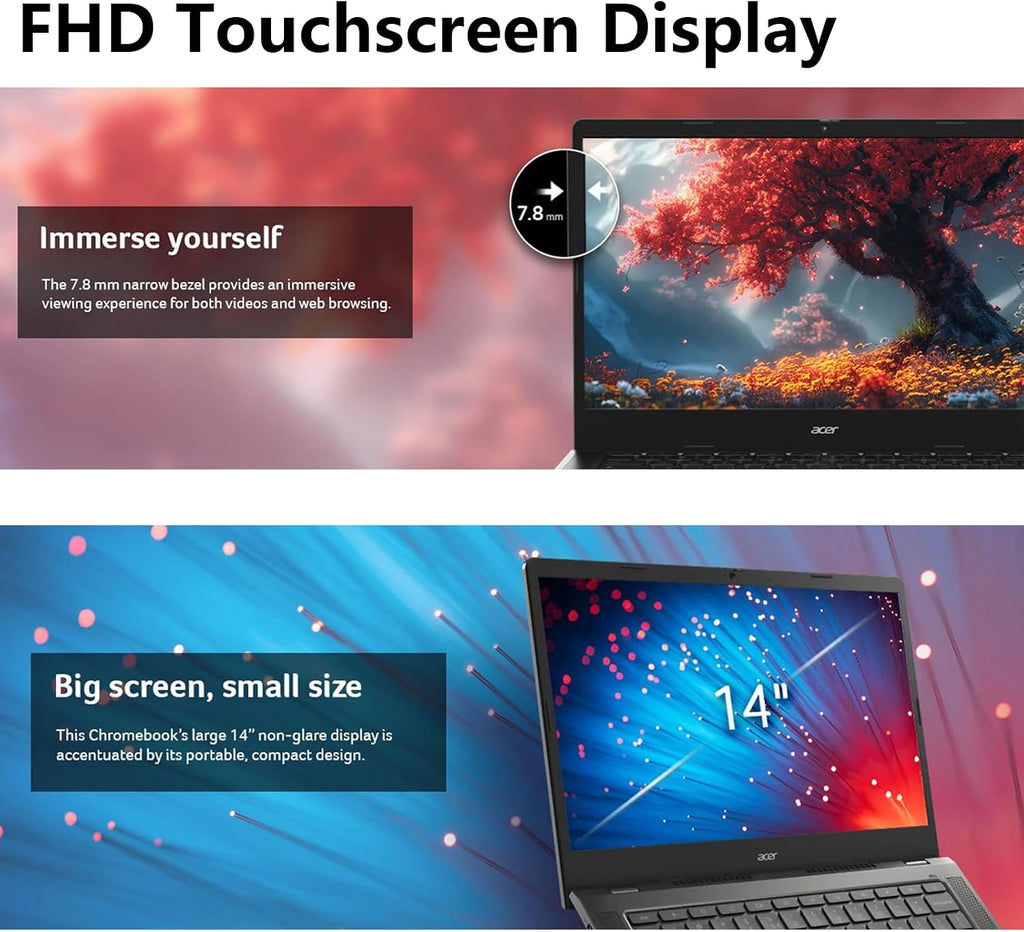 Acer Chromebook Plus 14' FHD Touchscreen Laptop, Intel Core i3-N305 8-Core, Intel UHD Graphics, 8GB LPDDR5 RAM 512GB SSD, WiFi 6E, FHD Camera, Chrome OS, Google AI, Mouse, Protective Sleeve Included