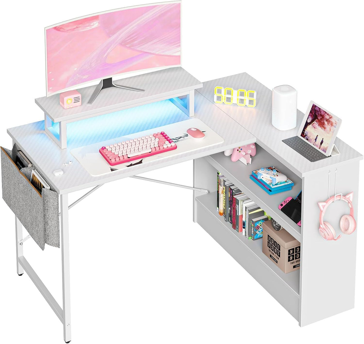 Bestier L Shaped Gaming Desk with LED Lights, 42 Inch Computer Desk with Monitor Stand & Open Storage Cabinet,Writing Study Corner Desk for Home Office Bedroom, White