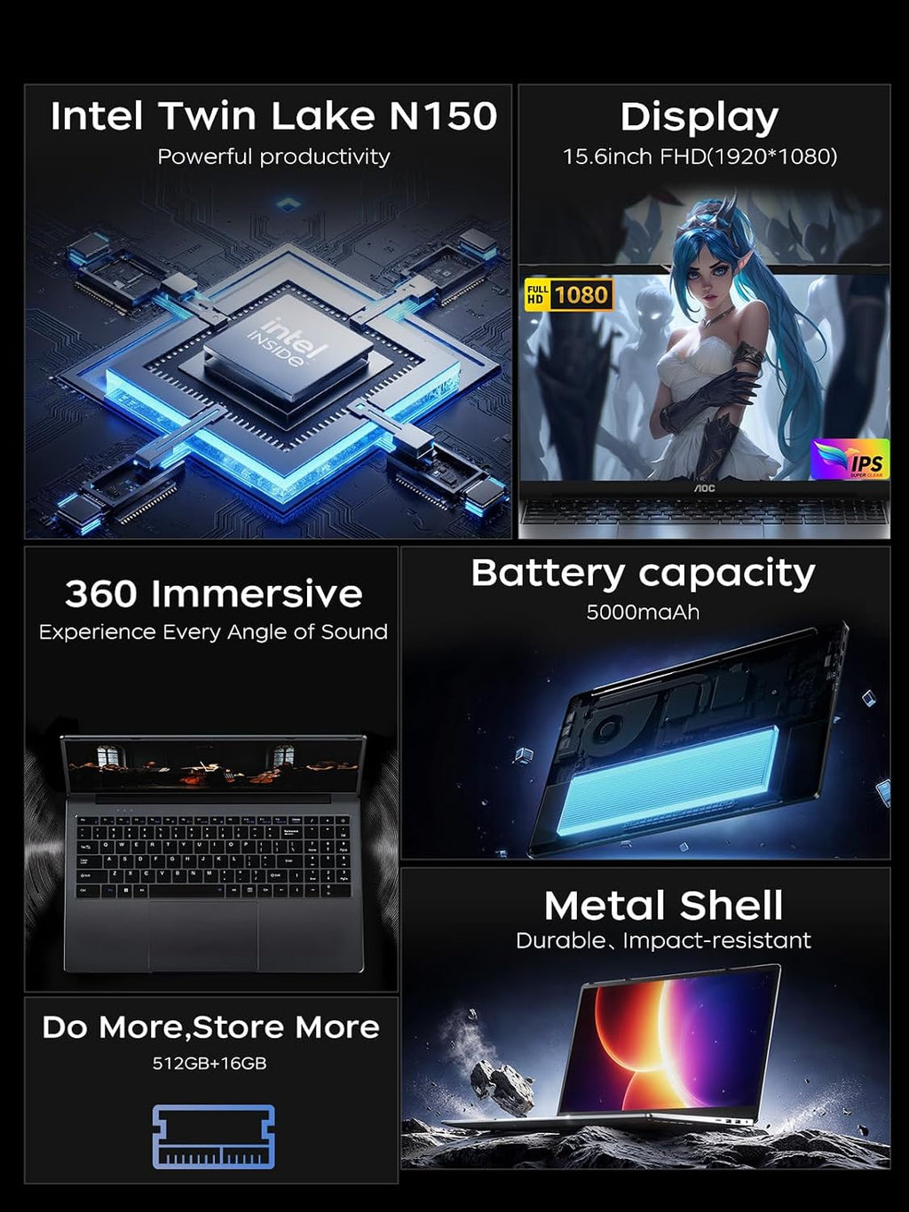 2026 Laptop Computer, 15.6-inch Laptop Computer with Ιntel N150 Processor (Up to 3.6GHz), 16GB RAM 512GB NVMe SSD Laptop, Work Laptop Win 11 Laptop, HDMI, WiFi, Bluetooth, Type-C, Webcam, Metal Shell