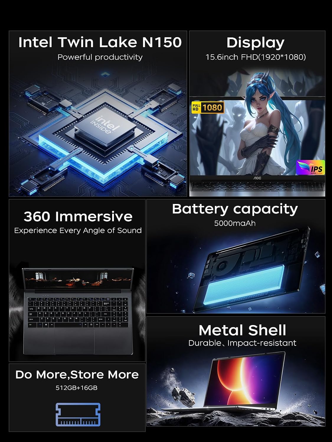 2026 Laptop Computer, 15.6-inch Laptop Computer with Ιntel N150 Processor (Up to 3.6GHz), 16GB RAM 512GB NVMe SSD Laptop, Work Laptop Win 11 Laptop, HDMI, WiFi, Bluetooth, Type-C, Webcam, Metal Shell
