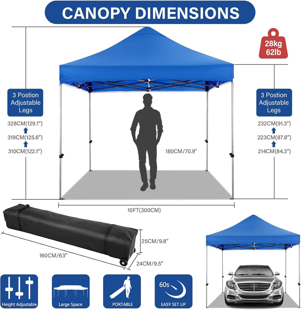 COBIZI 10x10 Heavy Duty Pop Up Canopy Tent with 4 Sidewalls Thicken Frame, Commercial Easy Up Outdoor Wedding Party Tents, All Season Waterproof Windproof with Stakes Sandbags Ropes Roller Bag, Blue