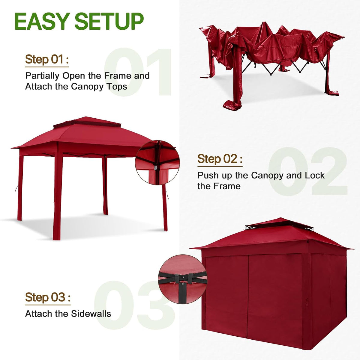 COOS BAY 11x11 Pop Up Gazebo with 4 Sidewalls, Instant Outdoor Canopy Tent with UPF 50+ UV Protection, Water Resistant Shelter with Carry Bag, Stakes & Ropes, Red