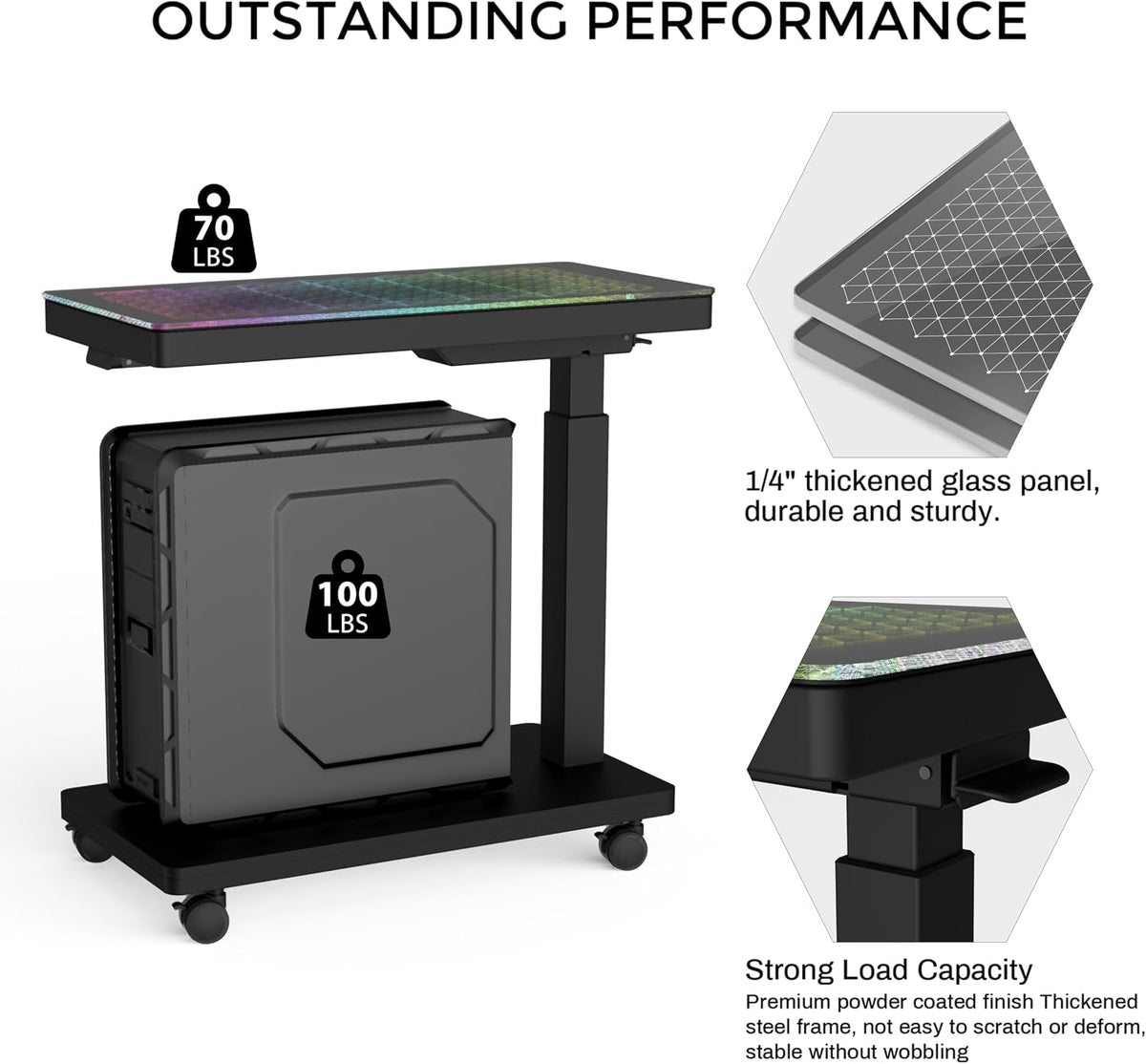 EUREKA ERGONOMIC Height Adjustable Computer Tower Stand, Illuminated Glass Panel PC Stand w/RGB Lights, 2-Tier CPU Holder Cart Under Desk, PC Floor Stand for Office Gaming, APP Control