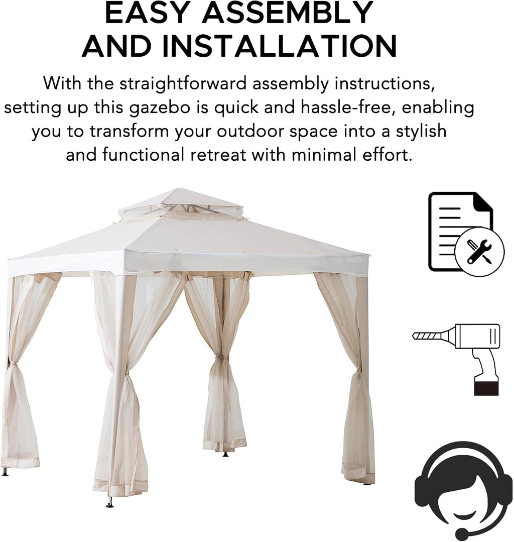 Sunjoy 8 x 8 ft. Soft Top Gazebo, Outdoor Patio Backyard Modern 2-Tier Steel Frame Gazebo with Mesh Netting - Beige & White
