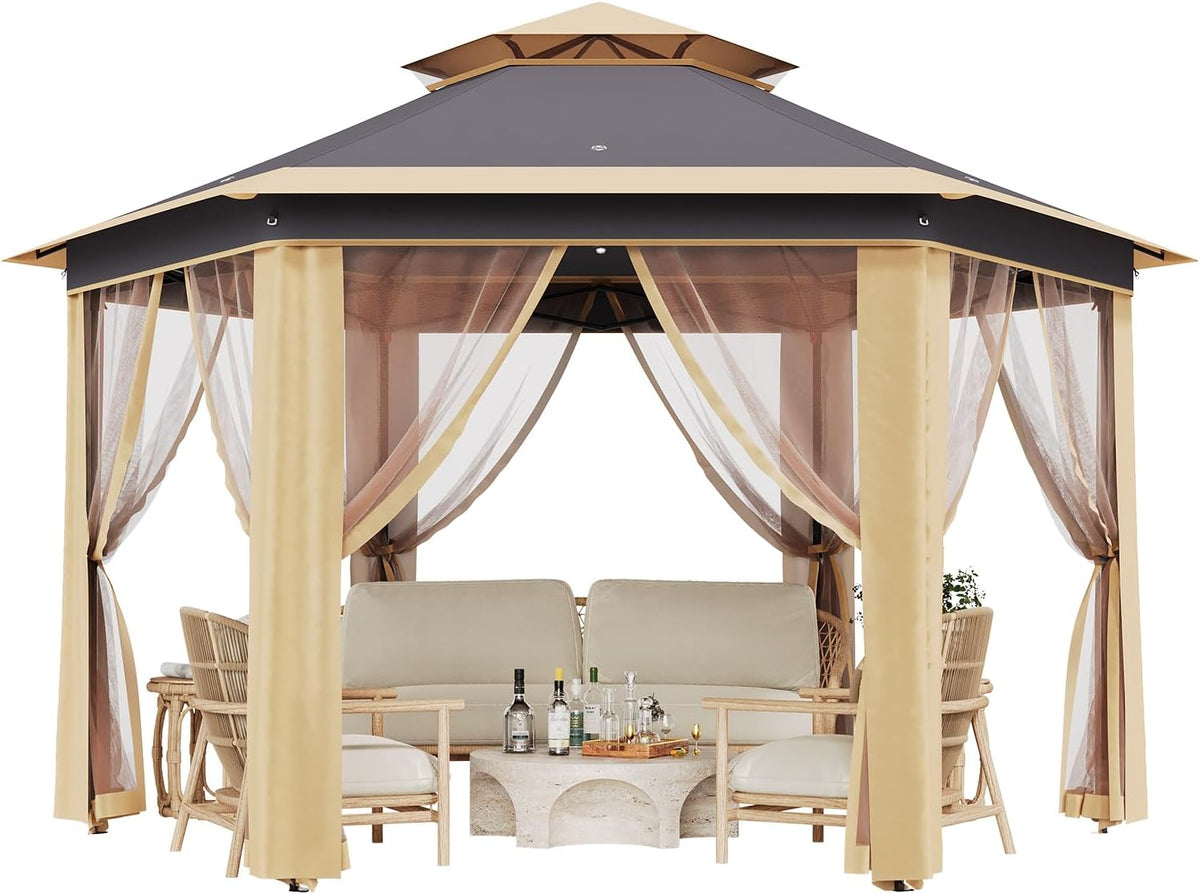 13' x 13' Pop-Up Gazebo, Hexagonal Canopy Shelter with 6 Zippered Mesh Netting, Event Tent with Strong Steel Frame for Backyard, Garden, Lawn, Khaki and Beige