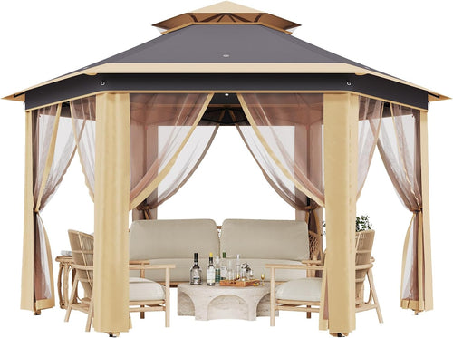 13' x 13' Pop-Up Gazebo, Hexagonal Canopy Shelter with 6 Zippered Mesh Netting, Event Tent with Strong Steel Frame for Backyard, Garden, Lawn, Khaki and Beige