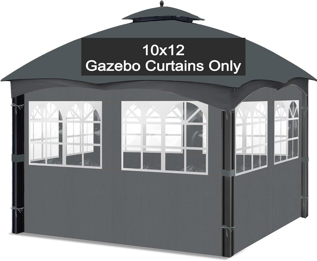 10'x12' Gazebo Curtains Outdoor Waterproof with PVC Windows, 4-Panel Sidewalls Universal Replacement Privacy Curtain, Outdoor Curtains for Patio, Backyard (Grey)