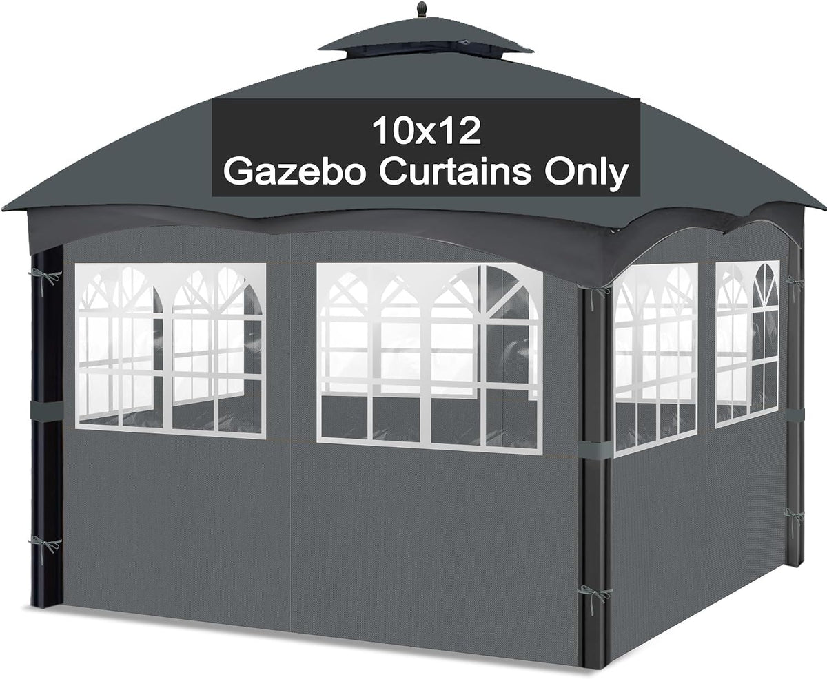 10'x12' Gazebo Curtains Outdoor Waterproof with PVC Windows, 4-Panel Sidewalls Universal Replacement Privacy Curtain, Outdoor Curtains for Patio, Backyard (Grey)