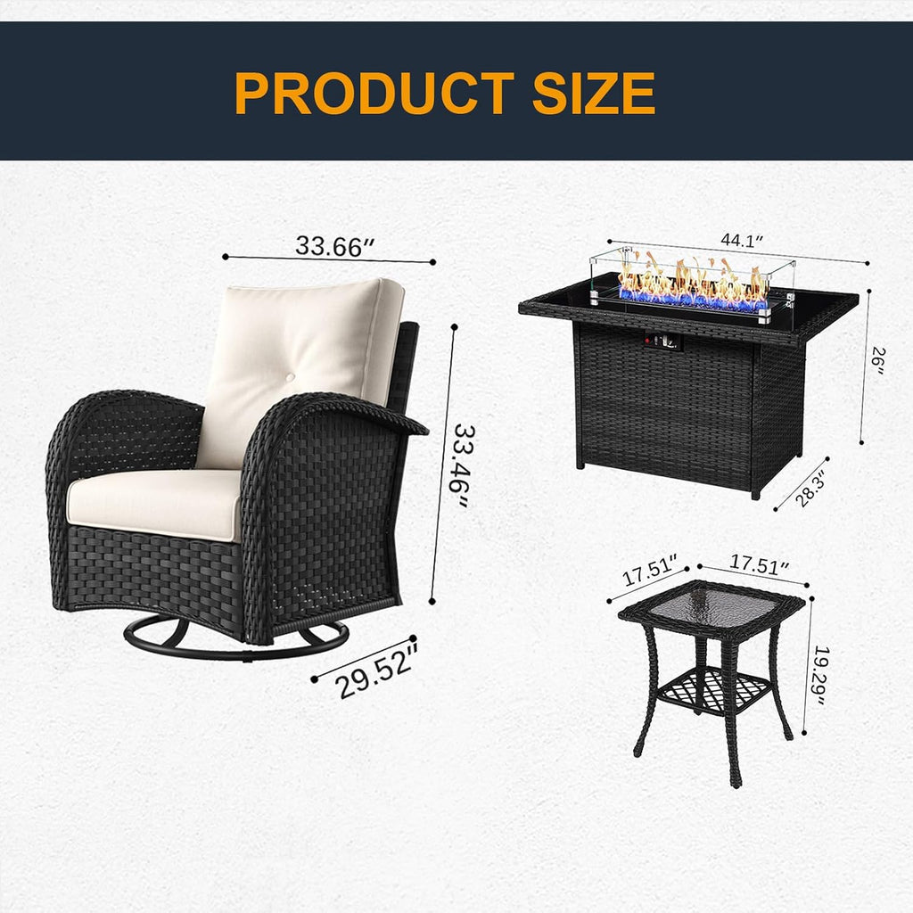 Outdoor Patio Furniture Sets with Fire Pit Table 7 Pieces Wicker Swivel Rocker Chairs for Backyard Deck