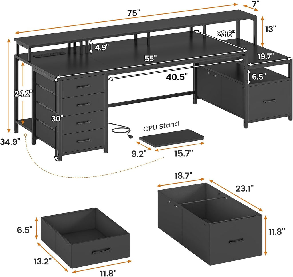 SEDETA 75'' Computer Desk with 5 Drawer, Power Outlet & Led Lights, Home Office Desk with File Drawer, Storage Shelves, Printer Cabinet and Monitor Shelf, 23.6' W Large Desktop Gaming Desk, Black
