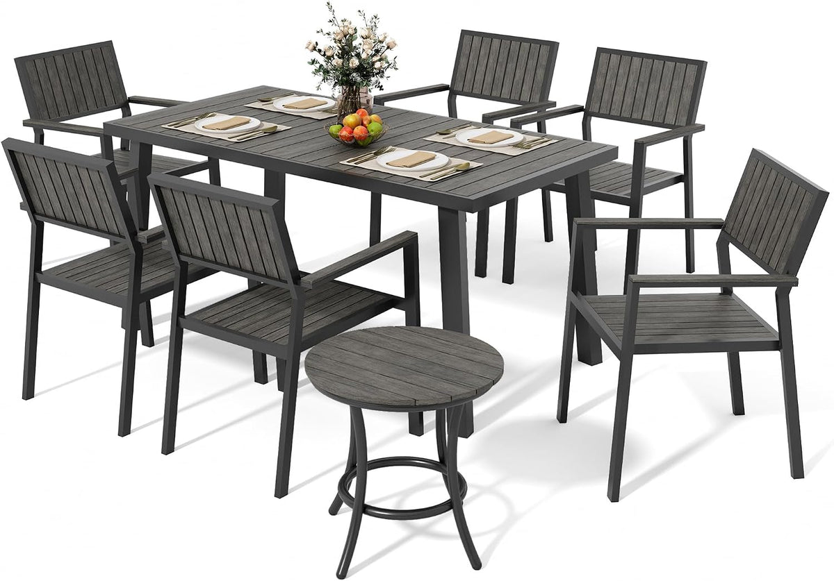 8-Piece Patio Dining Set，Aluminum Outdoor Furniture Set with Wood Table Top,Patio Table and Chairs Set with 6 Outdoor Stackable Chairs for Patio Garden Poolside，Ink