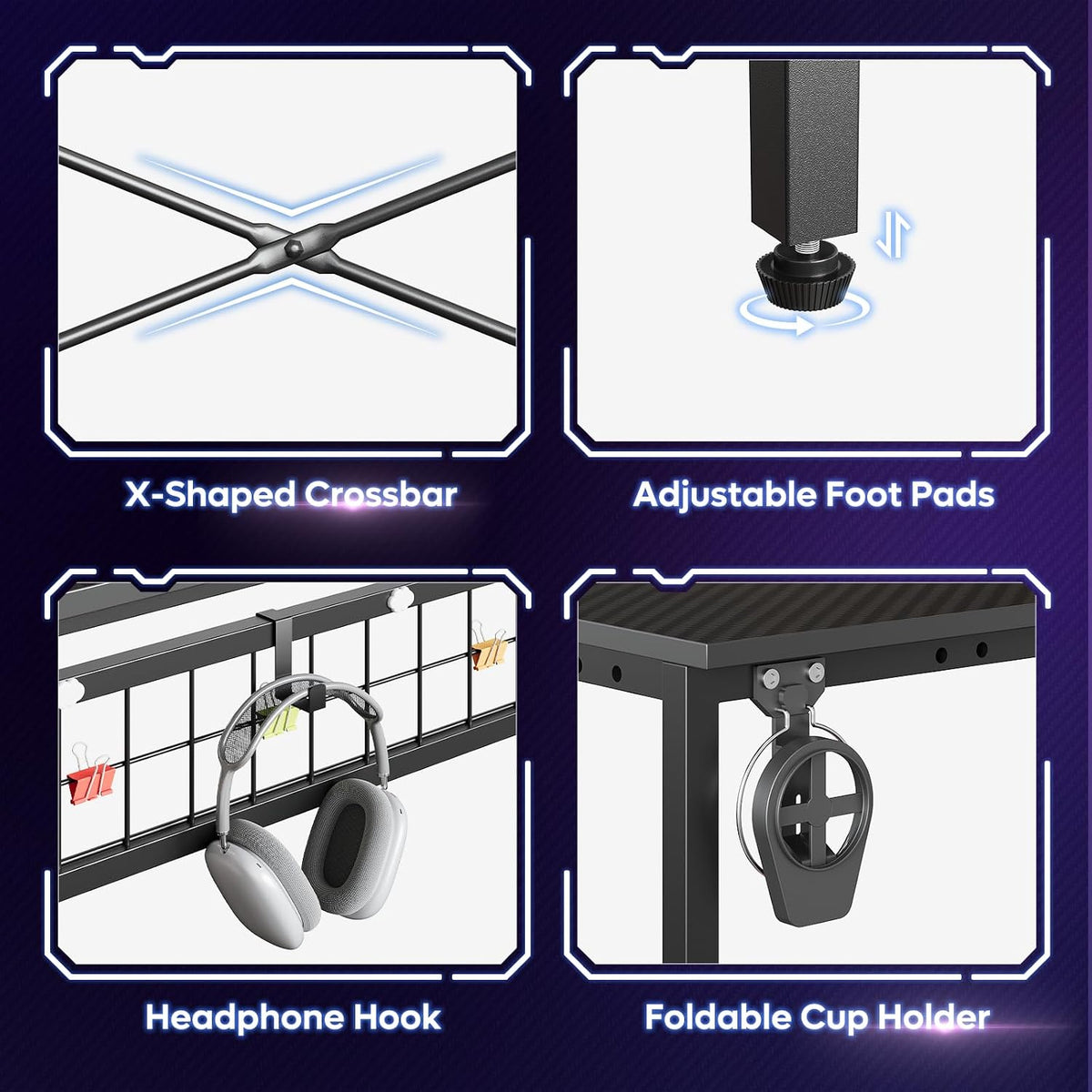 Bestier Gaming Desk 51' L-Shaped, with Power Outlets & LED Lights- 4 Tier Shelves, Reversible Gamer Table with Hooks & Cup Holder for Home Office Carbon Fiber Black