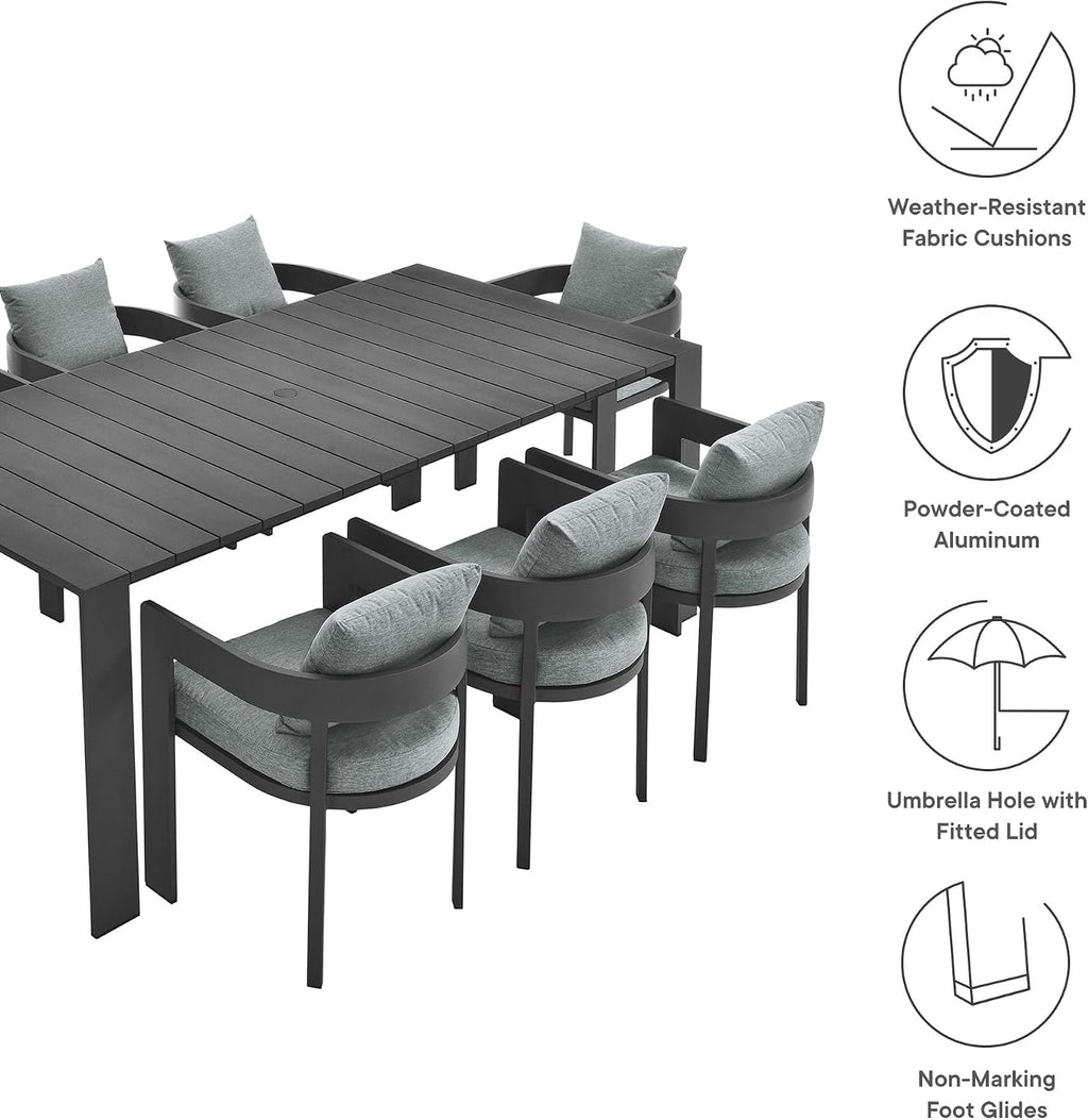 Modway Tahoe Outdoor Patio Powder-Coated Aluminum 9-Piece Dining Set in Gray Gray - Rectangular Patio Furniture Set for 8 - Outside Table with Umbrella Hole and Cushioned Chairs - Modern Patio Set