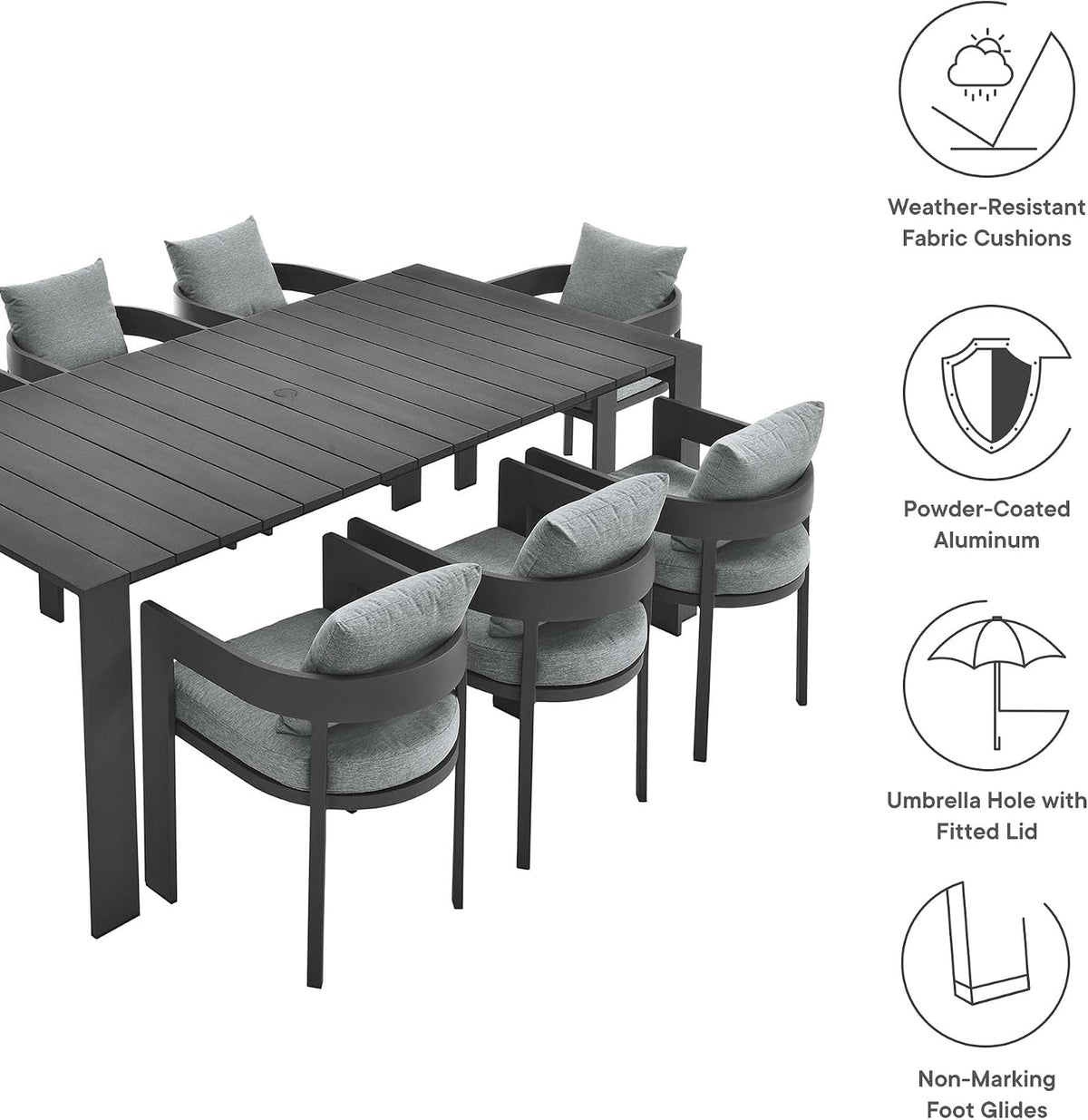 Modway Tahoe Outdoor Patio Powder-Coated Aluminum 9-Piece Dining Set in Gray Gray - Rectangular Patio Furniture Set for 8 - Outside Table with Umbrella Hole and Cushioned Chairs - Modern Patio Set