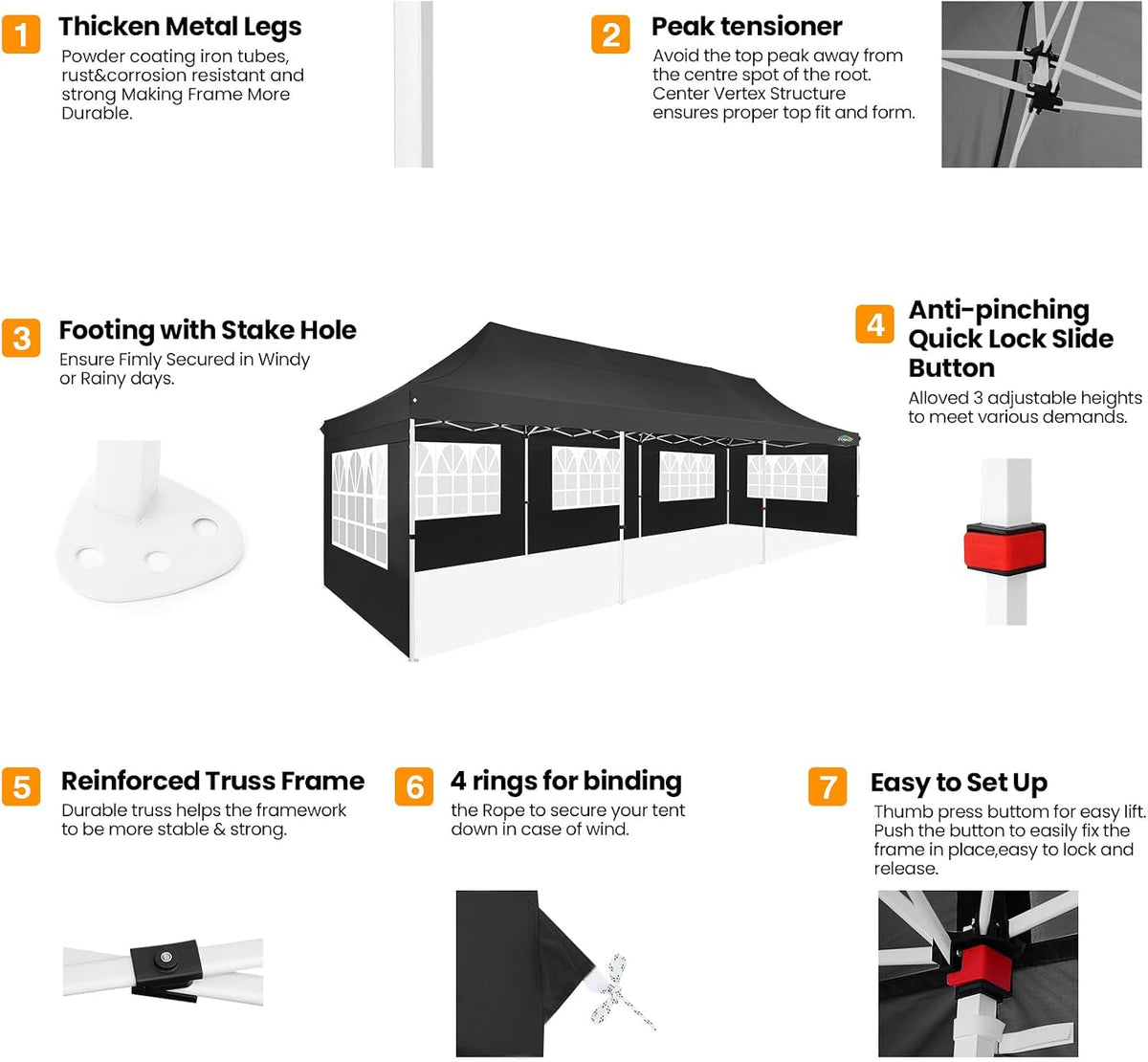 COBIZI 10x30 Pop up Canopy with Roller Bag & 8 Removable Sidewalls, Canopy Tent for Parties, Wedding, and Commercials, Waterproof and Instant Shelter UV50+ Outdoor Gazebo with 4 Sandbags(Black)