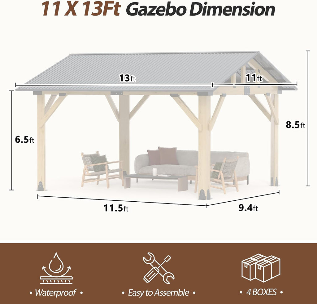 11' x 13' Wood Gazebo, Outdoor Cedar Wood Hardtop Gazebo with Galvanized Steel Roof, Wooden Frame Gazebos for Backyard, Patio, Deck