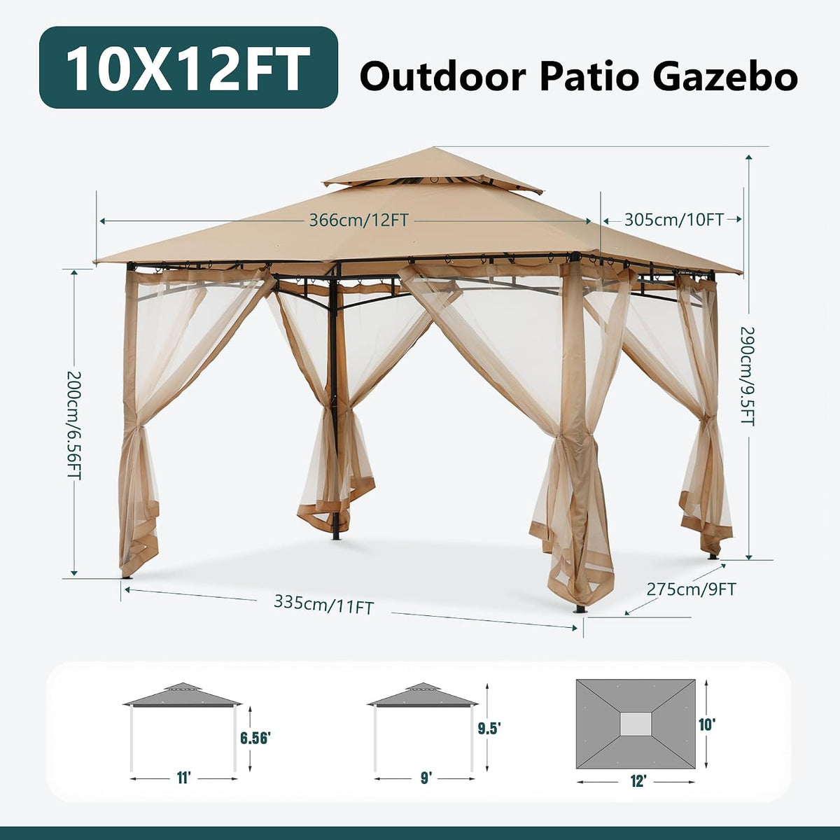 MASTERCANOPY Outdoor Garden Gazebo for Patios with Stable Steel Frame and Netting Walls (10x12,Beige)