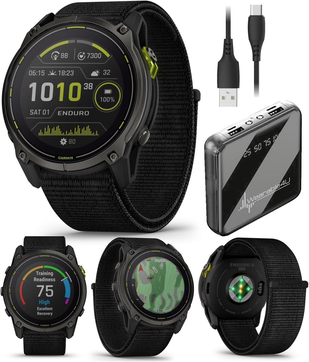 Garmin Enduro 3 – 51 mm, Solar, Sapphire, Ultraperformance GPS Smartwatch, Carbon Gray DLC Titanium with Black UltraFit Nylon Strap Bundle