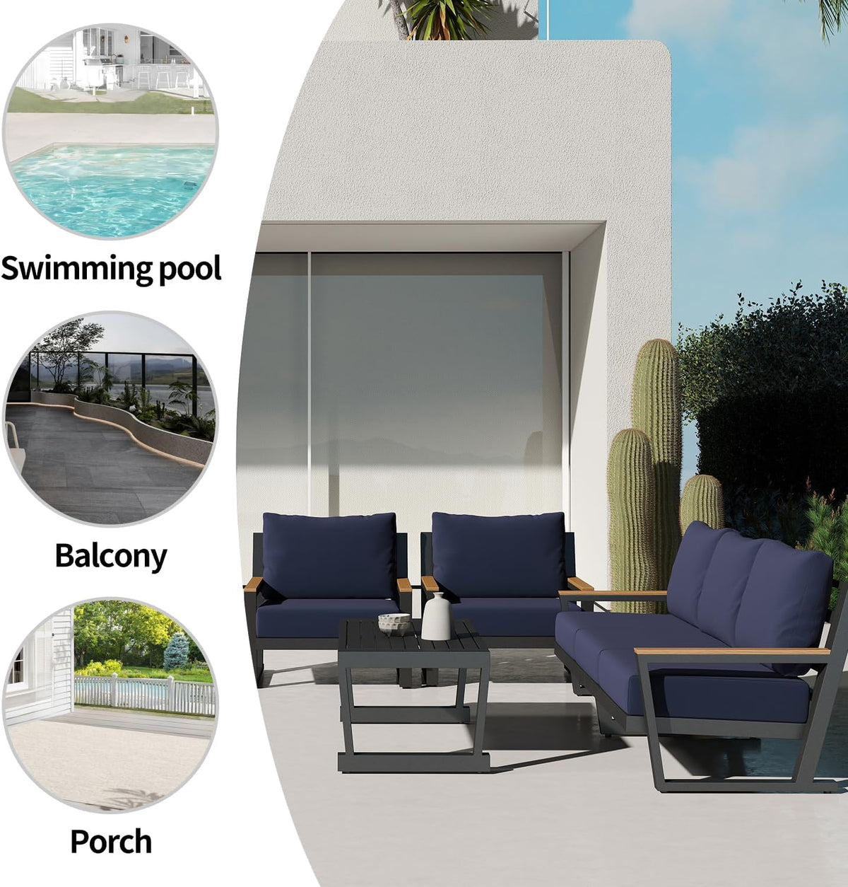 Aug-guan Aluminum Outdoor Sofa,4 Seats Modern Patio Furniture Set,Sectional Sofa Conversation Set with Coffee Table, Upgraded Washable Cushions for Garden Backyard,Blue