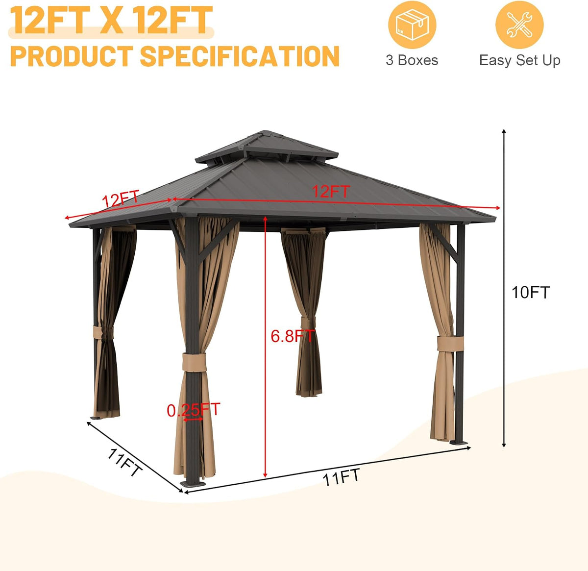 12x12 ft Hardtop Gazebo Outdoor Aluminum Patio Gazebo Double Roof Galvanized Steel Canopy with Netting and Curtains for Garden, Backyard,Deck and Lawns