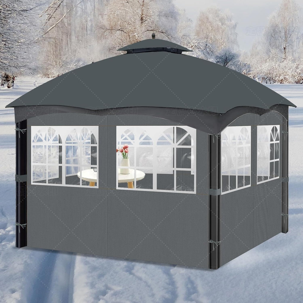 10'x12' Gazebo Curtains Outdoor Waterproof with PVC Windows, 4-Panel Sidewalls Universal Replacement Privacy Curtain, Outdoor Curtains for Patio, Backyard (Grey)