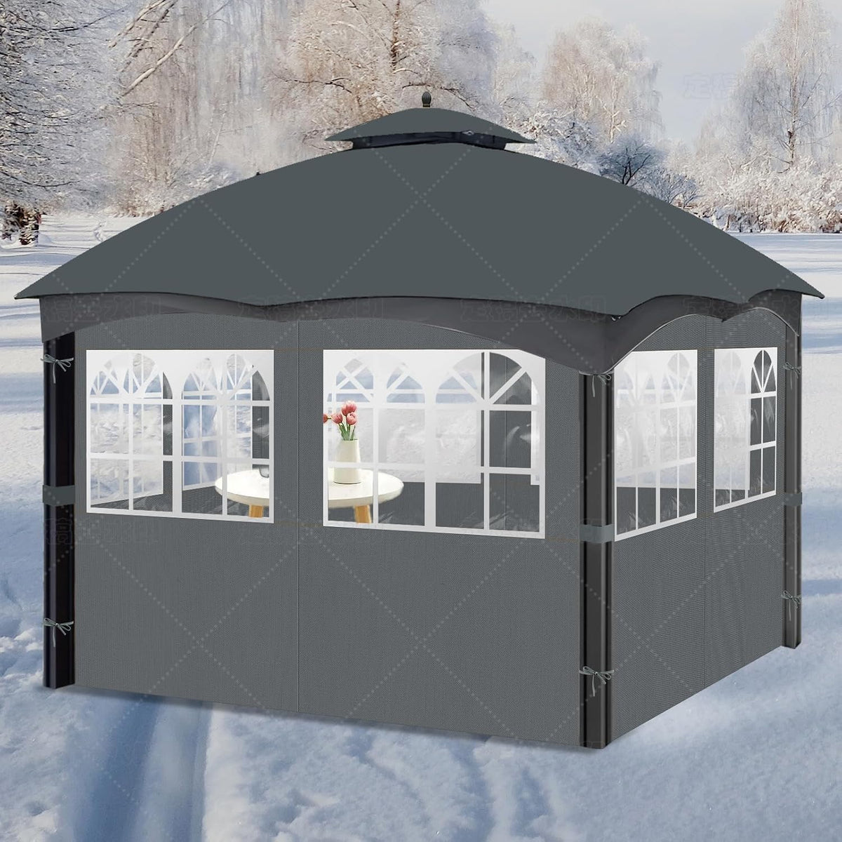 10'x12' Gazebo Curtains Outdoor Waterproof with PVC Windows, 4-Panel Sidewalls Universal Replacement Privacy Curtain, Outdoor Curtains for Patio, Backyard (Grey)