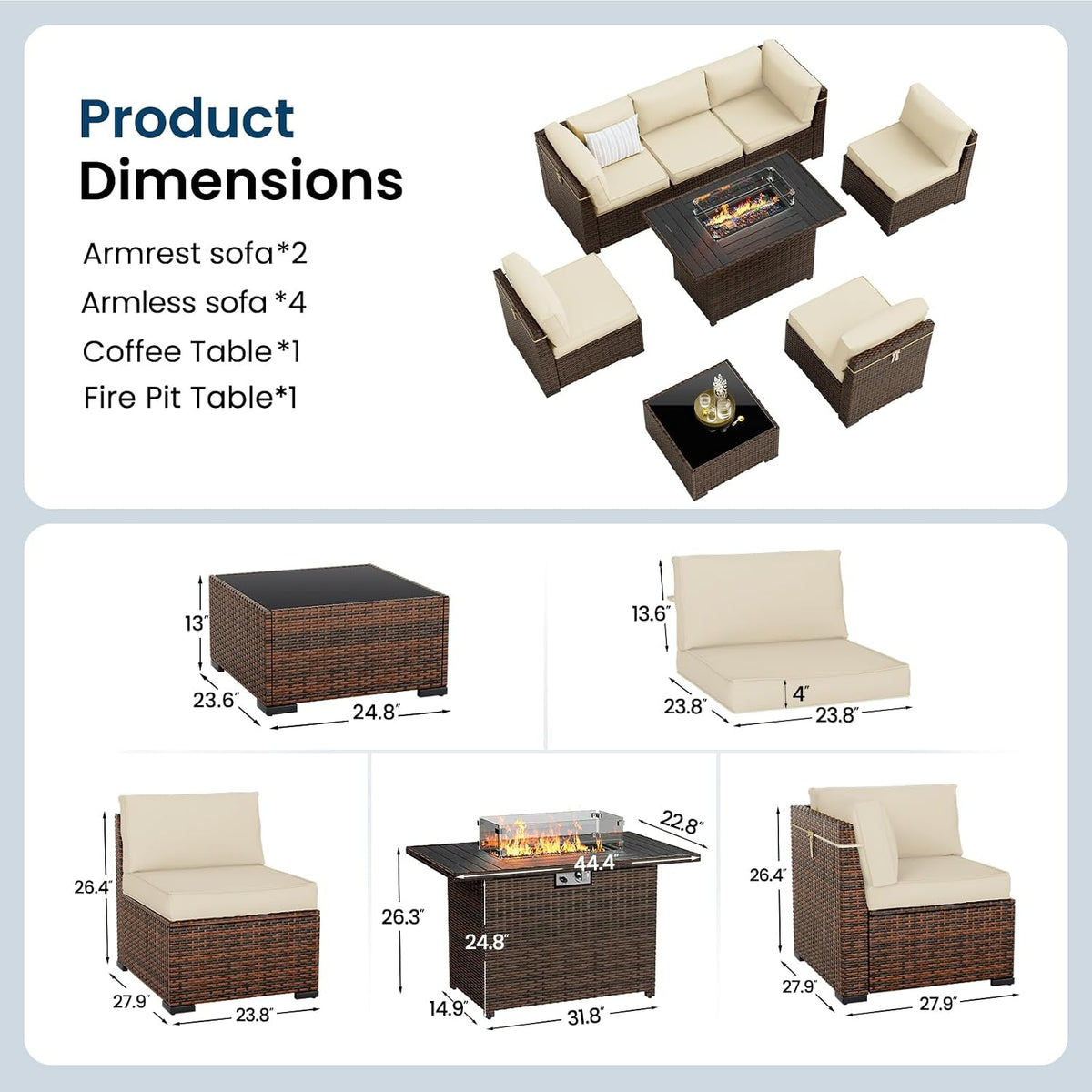 Amopatio 8-Piece Outdoor Patio Furniture Set with 44' Fire Pit Table, Modern Rattan Sectional Couch with Tempered Glass Coffee Table, Thickened Cushions and Include Waterproof Cover (Khaki)