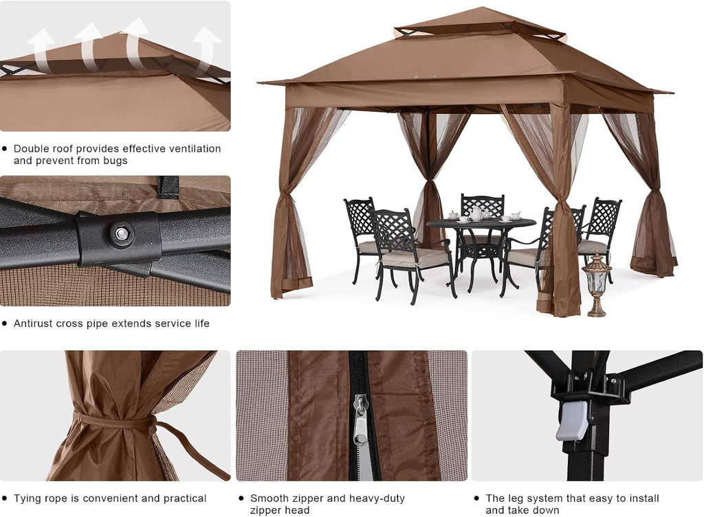 MASTERCANOPY Patio Gazebo Outdoor Pop Up Gazebo with Mesh Walls (11x11,Brown)