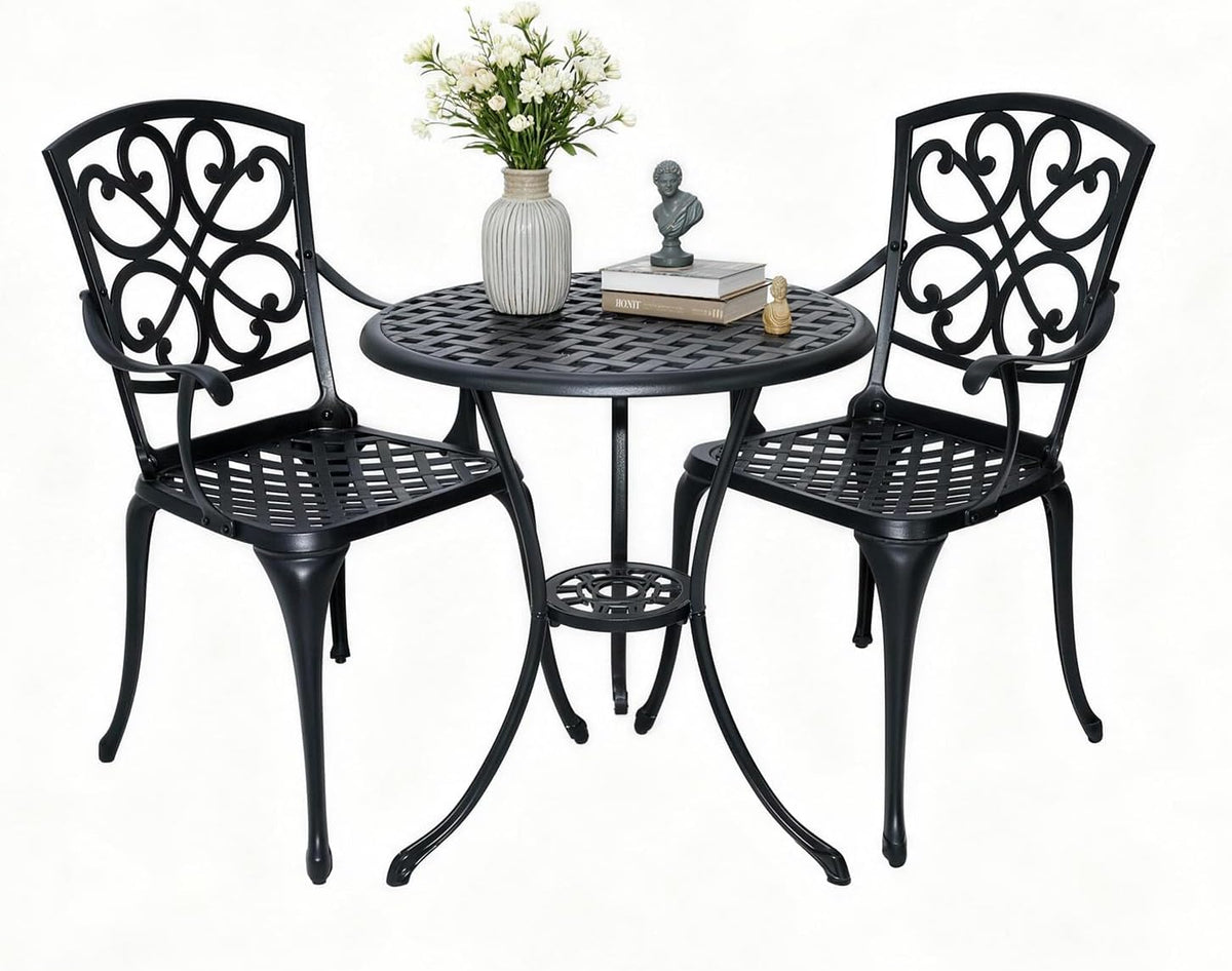3 Piece Patio Bistro Set with Cushions, Outdoor Bistro Table and Chairs Set of 2 with Umbrella Holes, All Weather Bistro Table Set for Garden Porch Pools (Black 4)