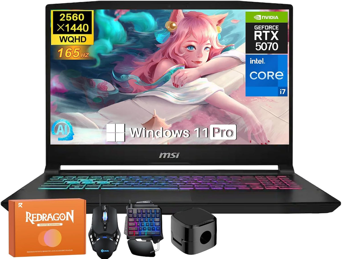 MSI Katana 15HX Gaming Laptop, NVIDIA GeForce RTX 5070 8GB GDDR7 GPU, 14th Gen Intel i7-14650HX, 15.6' 165Hz 2.5K QHD Screen, 16 GB DDR5 RAM, 1 TB SSD, RGB KB, Copilot AI, Win 11 Pro, W/Accessories