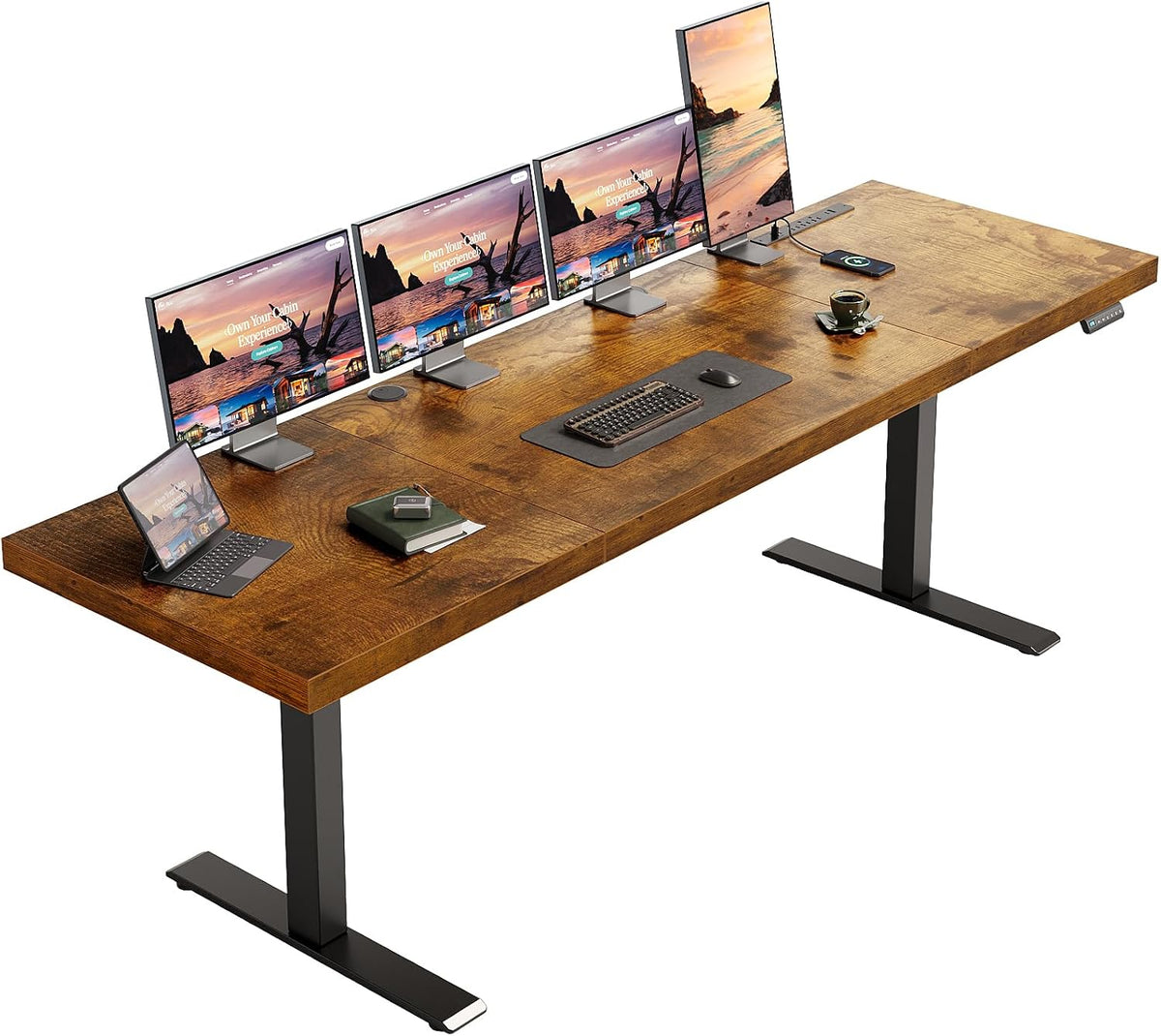 OffiGo 79 Inch Executive Electric Standing Desk, Height Adjustable Desk with Power Outlet & 1.38' Thick 3-Piece Desktop, Sit Stand Computer Desk for Home, Office, Conference Room, Rustic Brown