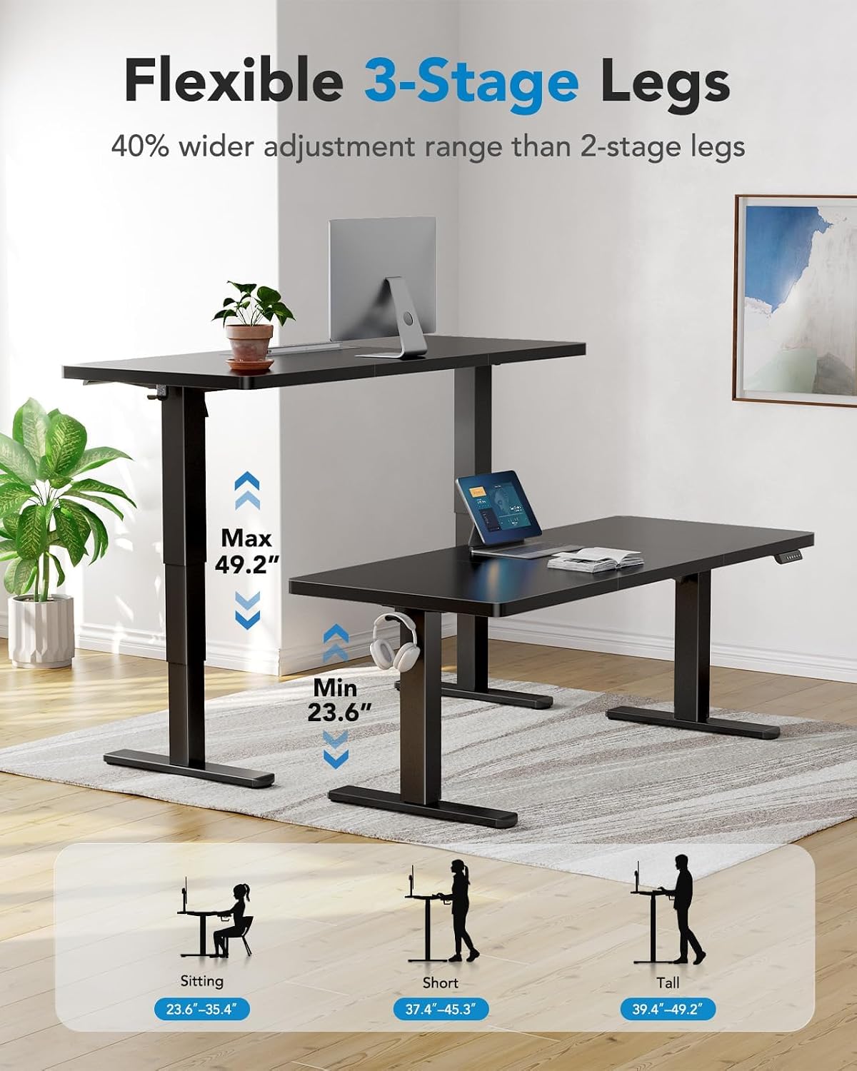 HUANUO 70x35 Inch 3-Stage Legs Electric Standing Desk, Large Height Adjustable Office Desk with Brushless Motor, Stand Up Desk with 4 Memory Presets & 2 Hooks, Computer Desk for Home Office, Black