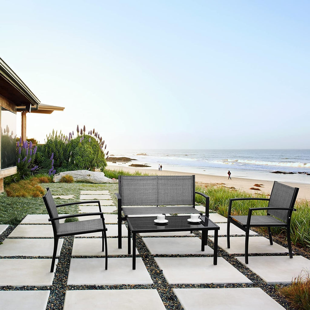 Flamaker 4 Pieces Patio Furniture Outdoor Furniture Patio Furniture Set Textilene Bistro Set Modern Conversation Set Black Bistro Set with Loveseat Tea Table for Home, Lawn and Balcony (Grey)