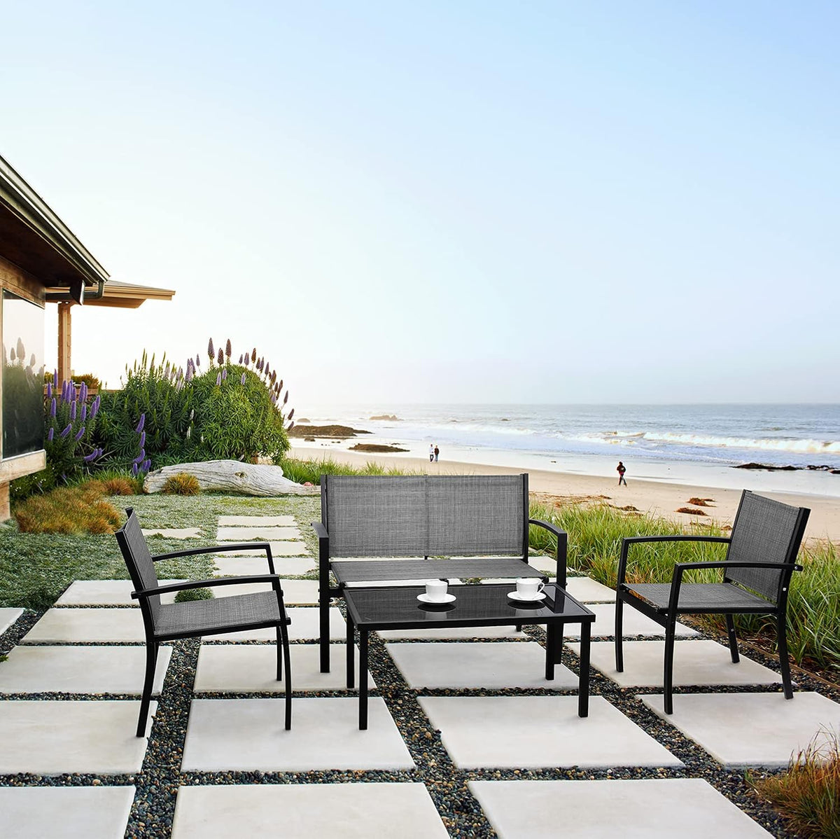 Flamaker 4 Pieces Patio Furniture Outdoor Furniture Patio Furniture Set Textilene Bistro Set Modern Conversation Set Black Bistro Set with Loveseat Tea Table for Home, Lawn and Balcony (Grey)