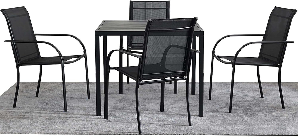 5 Pieces Patio Dining Set for 4, Black Patio Stackable Chairs and Black Square Table Set of 4, Outdoor Furniture Set with Sling Support for Outside, Garden