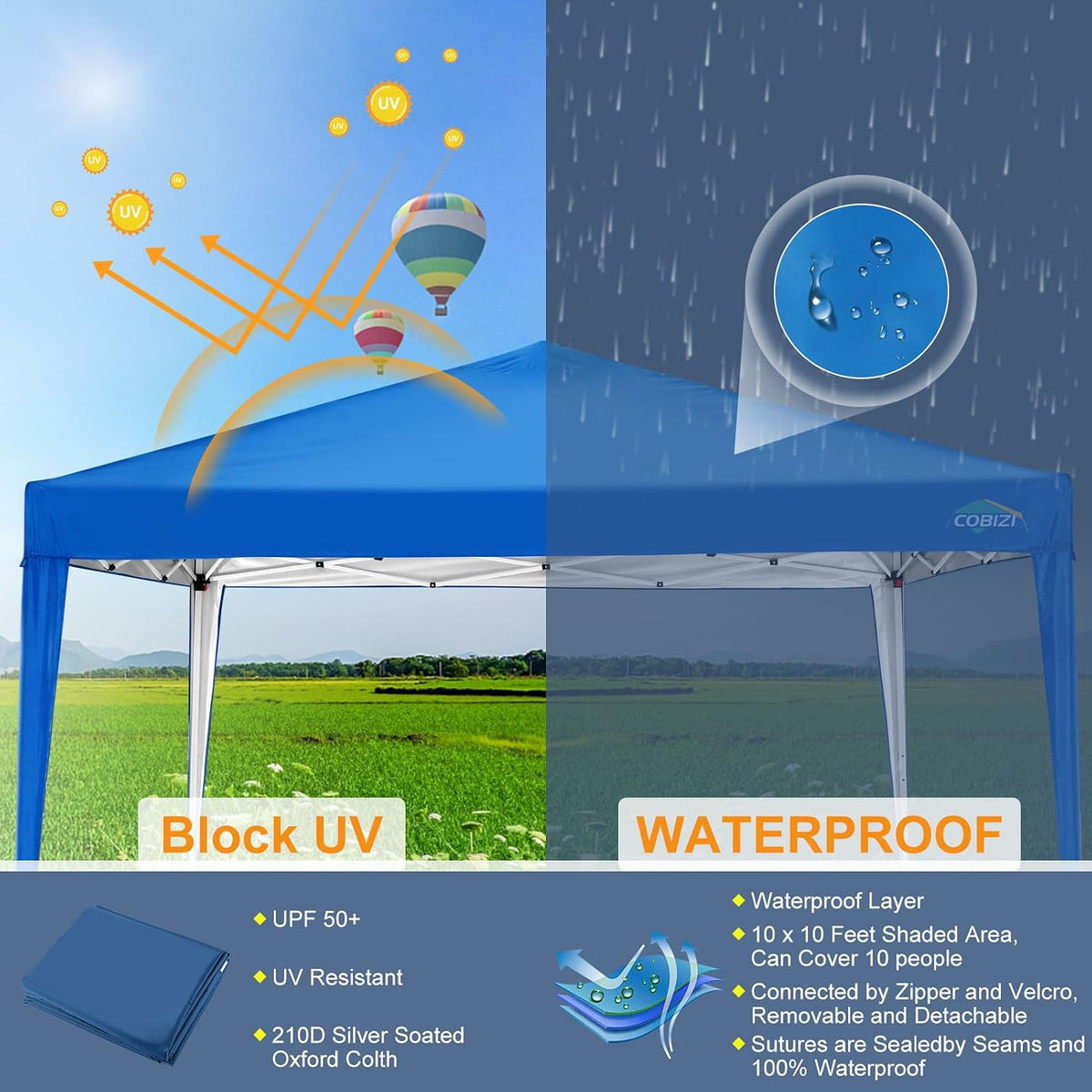 COBIZI 10x10 Pop Up Canopy Tent with 4 Sandbags, Easy Set Up Gazebo, Instant Outdoor Sun Shade &Waterproof Canopy with 8 Stakes,4 Ropes&Carry Bag, Tents for Parties, Beach, Backyard,Camping(Blue