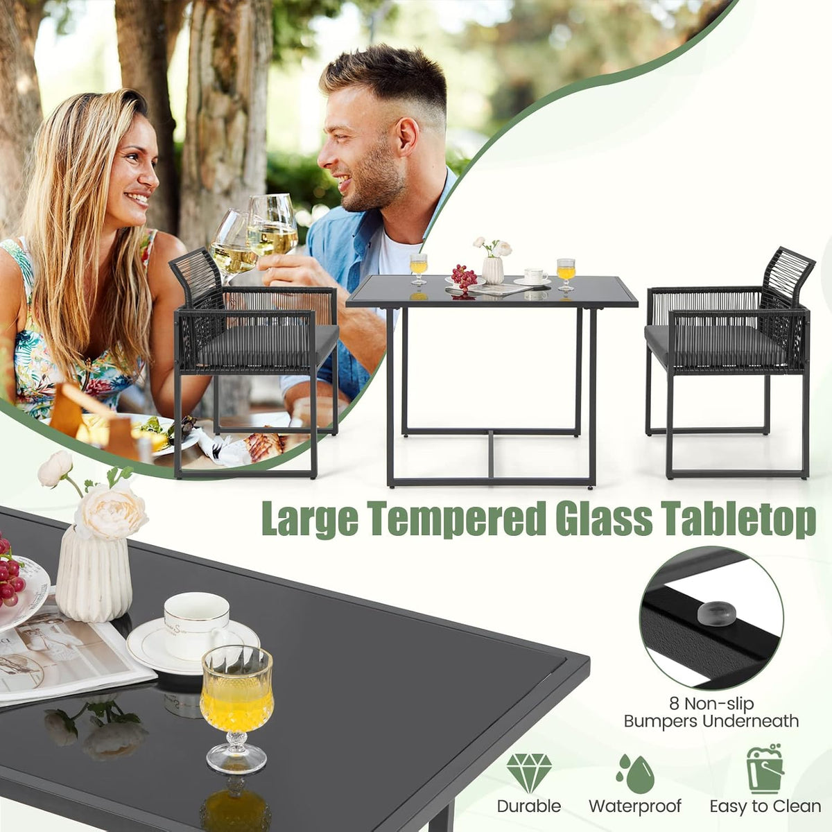 DORTALA Wicker Outdoor Bistro Set 3 Piece, Small Patio Furniture Dining Set with with Cushions, Tempered Glass Tabletop, All- Weather Table and Chairs for Backyard, Balcony, Poolside, Black+Grey