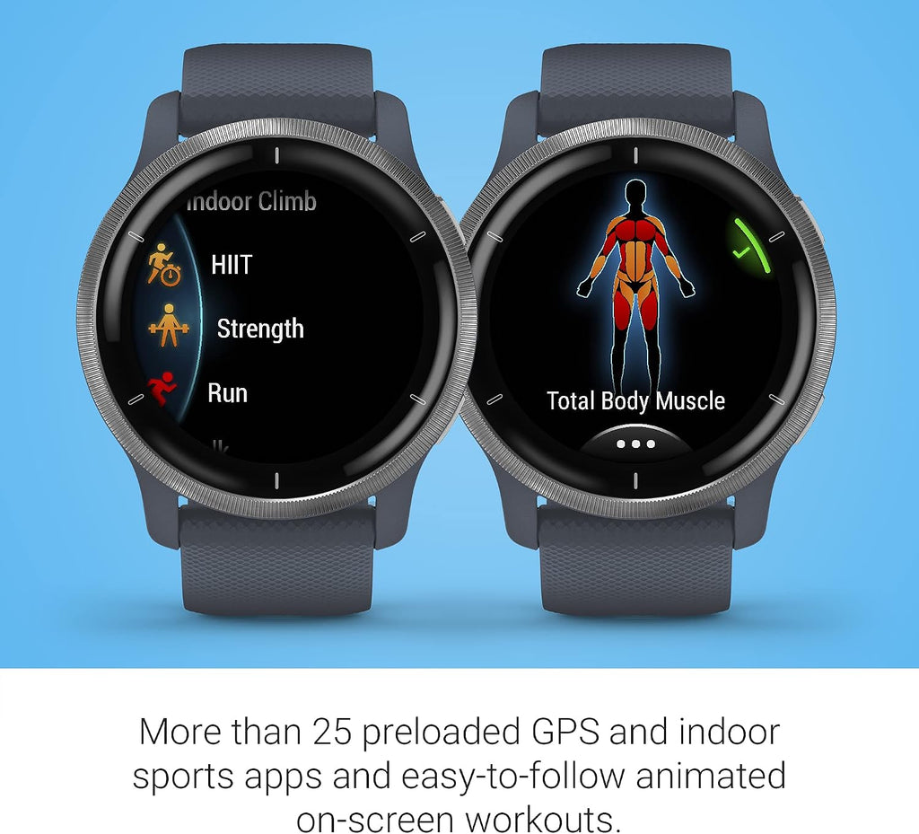 Garmin Venu 2, GPS Smartwatch with Advanced Health Monitoring and Fitness Features, Silver Bezel with GraniteBlue Case and Silicone Band (Renewed)