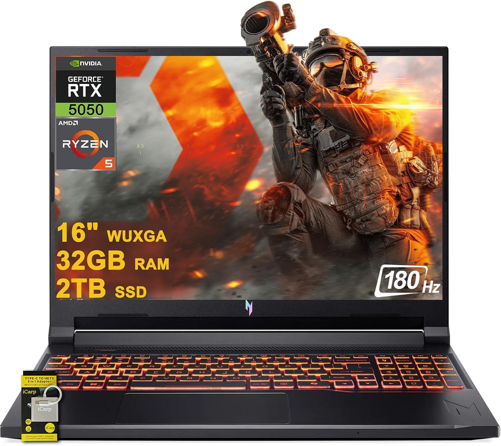 acer Nitro V 16 AI Gaming Laptop 16' WUXGA IPS 180Hz AMD Zen 4 Hexa-core Ryzen 5 240 32GB RAM 2TB SSD GeForce RTX 5050 (Up to 421 AI Tops) Backlit Win11 w/ICP Hub
