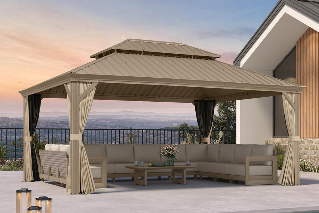 PURPLE LEAF Outdoor Gazebo 13'X17'，Champagne Hardtop Gazebo with Galvanized Steel Double Roof, Permanent Patio Gazebo with Curtains and Netting for Patio Lawn Garden and Deck