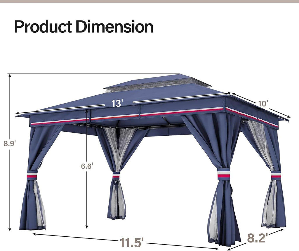 LAUSAINT HOME Patio Gazebo 10'x13', Outdoor Heavy Duty Party Tent Shelter with Double Roofs, Mosquito Nettings and Privacy Screens for Backyard, Garden, Lawn, Classic Blue