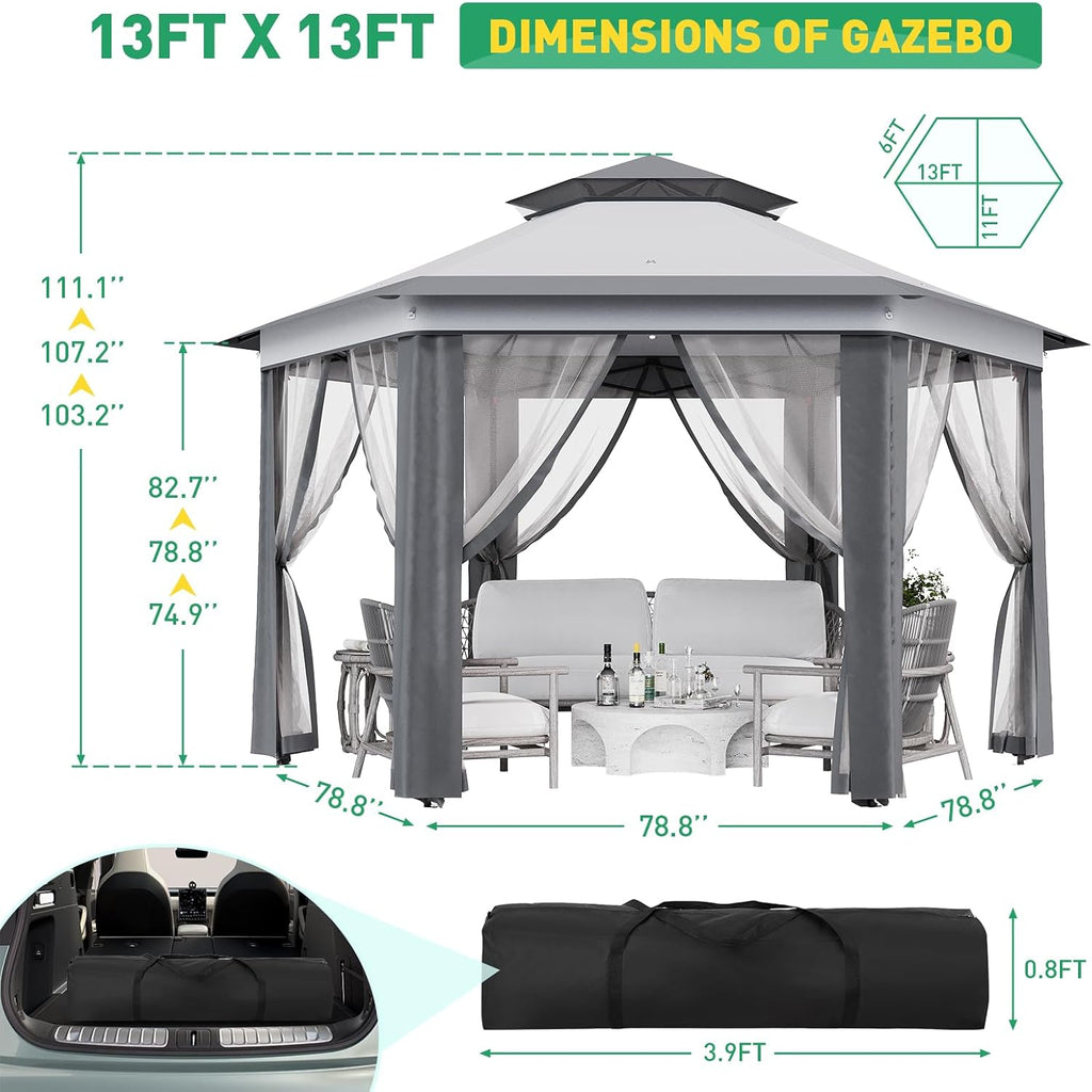 13' x 13' Pop-Up Gazebo, Hexagonal Canopy Shelter with 6 Zippered Mesh Netting, Event Tent with Strong Steel Frame for Backyard, Garden, Lawn, Dark Grey and Light Grey