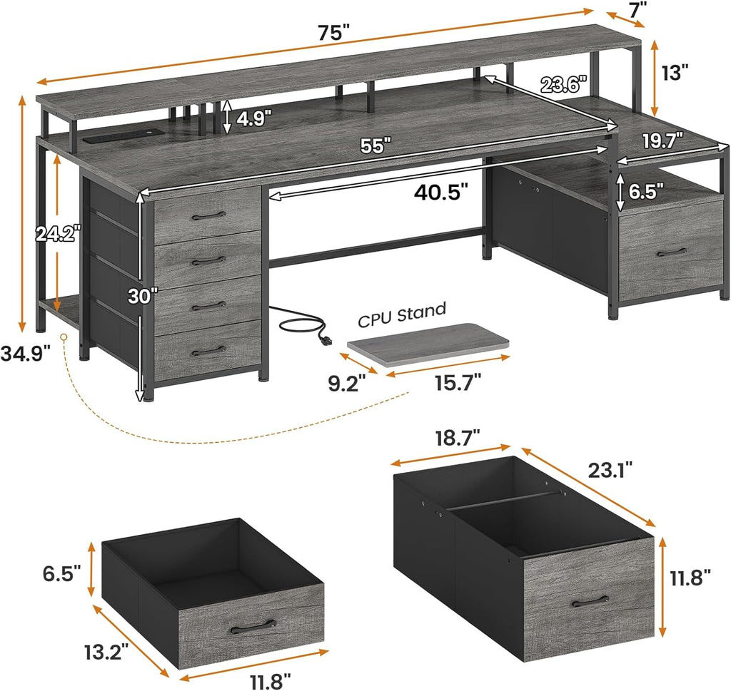 SEDETA 75'' Computer Desk with 5 Drawer, Power Outlet & Led Lights, Home Office Desk with File Drawer, Storage Shelves, Printer Cabinet and Monitor Shelf, 23.6' W Large Desktop Gaming Desk, Grey