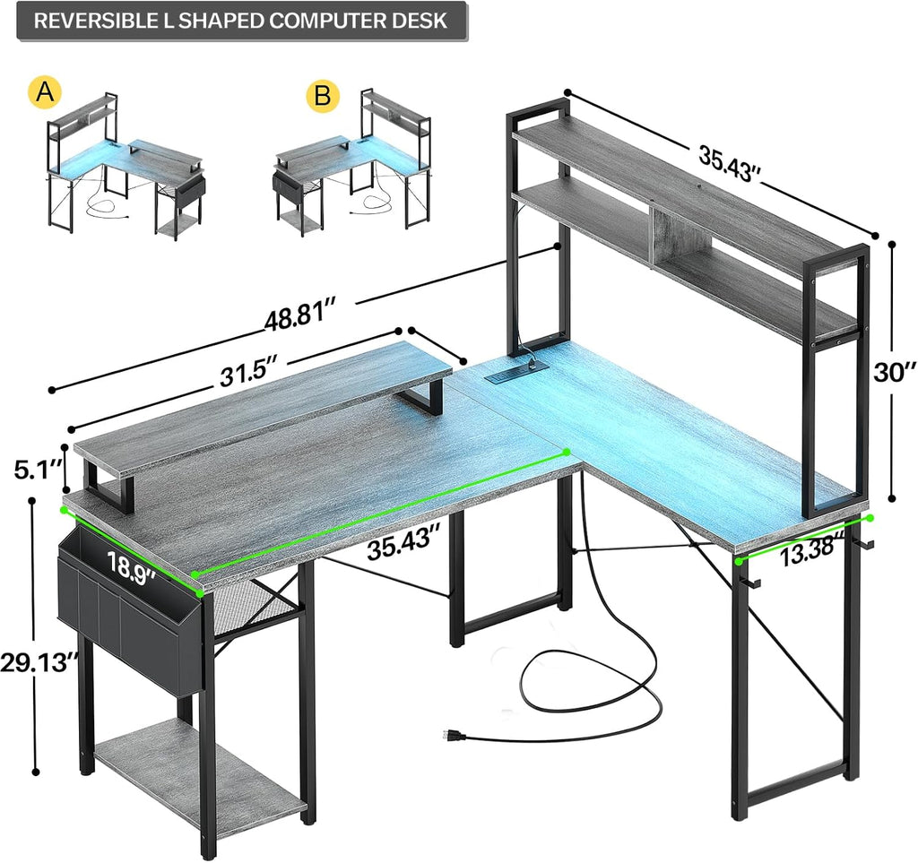Aheaplus Small L Shaped Gaming Desk with LED Lights & Power Outlets, Reversible L-Shaped Computer Desk with Monitor Stand & Storage Shelf, Corner Desks Home Office Desk with Storage Bag, White Oak