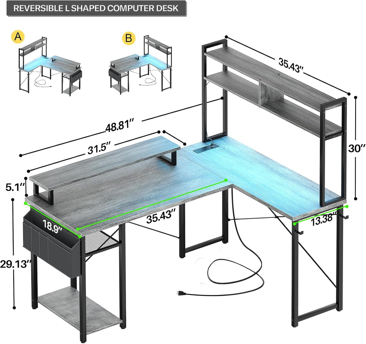 Aheaplus Small L Shaped Gaming Desk with LED Lights & Power Outlets, Reversible L-Shaped Computer Desk with Monitor Stand & Storage Shelf, Corner Desks Home Office Desk with Storage Bag, White Oak
