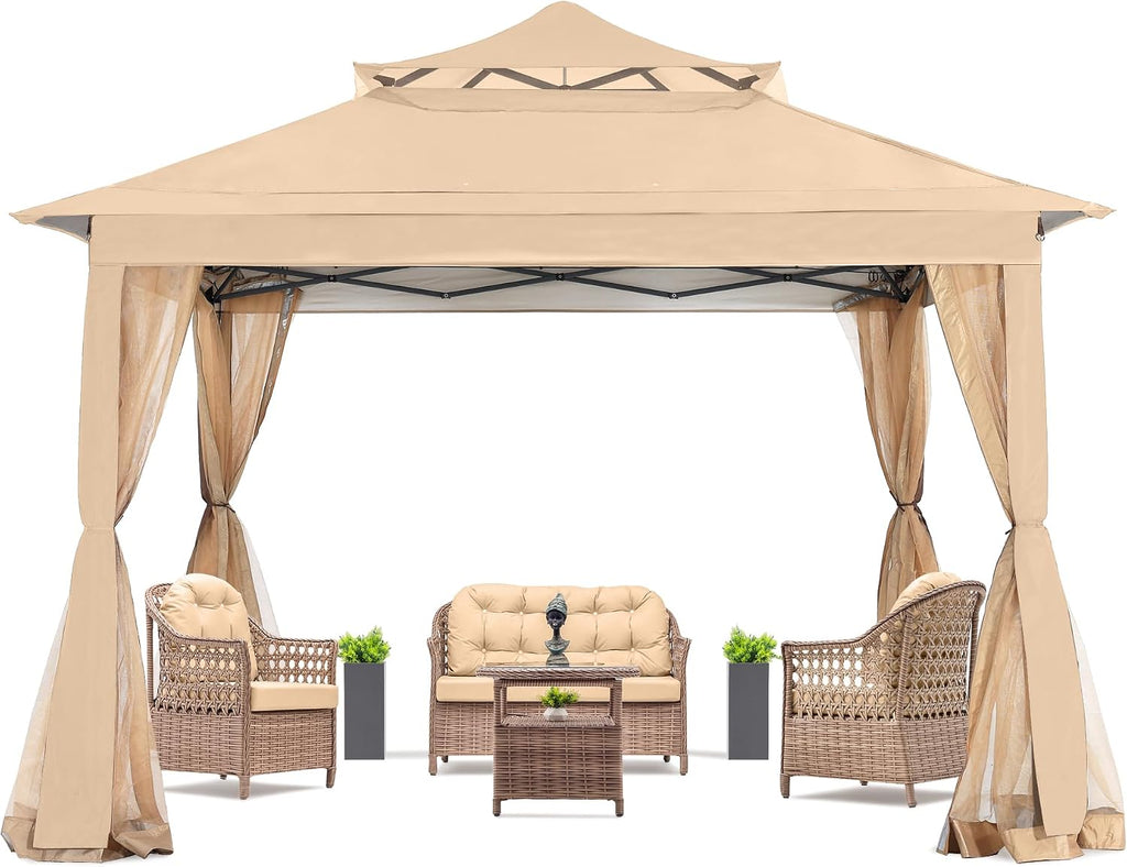 COOSHADE 11x11Ft Easy Pop Up Gazebo Tent Instant Outdoor Canopy Shelter with Mosquito Netting Walls(Khaki)