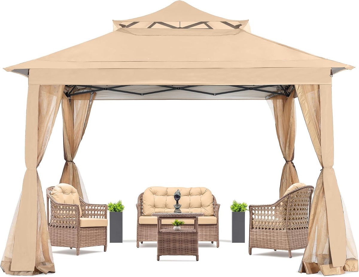 COOSHADE 11x11Ft Easy Pop Up Gazebo Tent Instant Outdoor Canopy Shelter with Mosquito Netting Walls(Khaki)