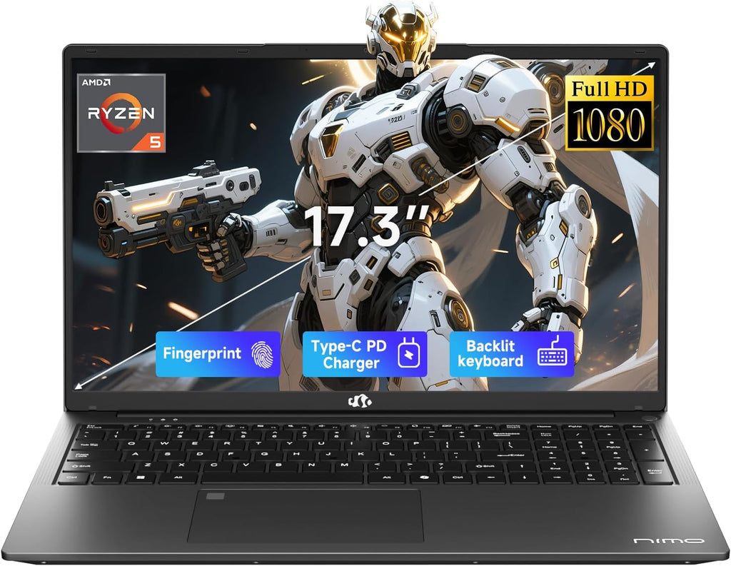 NIMO 17.3' IPS FHD-Gaming-Laptop, AMD Ryzen 5 6600H 16GB DDR5 RAM 1TB SSD (Beat i7-1165G7 Up to 4.5GHz) Radeon 660M GPU-Computer with 100W Type-C Backlit Keyboard Fingerprint